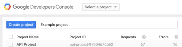 example of creating a new project in google developer console