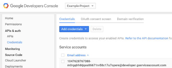 example of adding a service account in google developer console